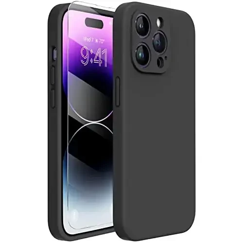 Miracase iPhone 14 Pro Max uchun ekran himoyachisi bilan telefon g‘ilofi,[Takomillashtirilgan kamera himoyasi],Mikrofiber qoplamali zarbga chidamli suyuq silikon g‘ilof,6,7 dyuym, Qora - 3