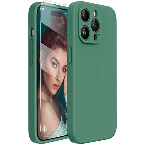 Miracase iPhone 14 Pro Max uchun ekran himoyachisi bilan telefon g'ilofi,[Yaxshilangan kamera himoyasi],Mikrofiber qoplamali zarbga chidamli suyuq silikon g'ilof,6,7 dyuym, Akatsiya yashil 