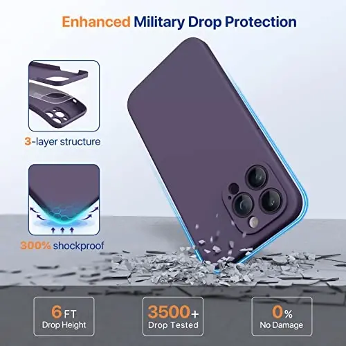 Miracase iPhone 14 Pro Max uchun ekran himoyachisi bilan telefon qutisi, [Kamera himoyasini yaxshilash], zarbaga chidamli suyuq silikon qutisi mikrofiber astarli, 6,7 dyuym, to'q binafsha - 4