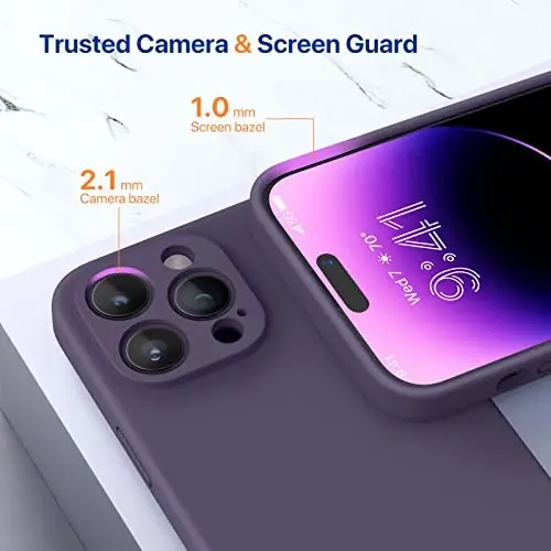 Miracase iPhone 14 Pro Max uchun ekran himoyachisi bilan telefon qutisi, [Kamera himoyasini yaxshilash], zarbaga chidamli suyuq silikon qutisi mikrofiber astarli, 6,7 dyuym, to'q binafsha - 5