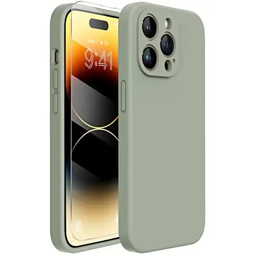 Miracase iPhone 14 Pro Max uchun ekran himoyachisi bilan telefon qutisi, [Yaxshilangan kamera himoyasi], zarbga chidamli suyuq silikon qutisi mikrofiber astarli, 6,7 dyuym, Patina Green 
