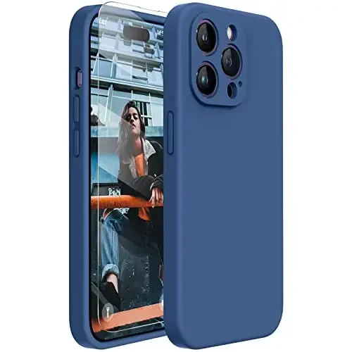 Miracase iPhone 14 Pro Max uchun ekran himoyachisi bilan telefon qutisi,[Kamera himoyasini yaxshilash],Mikrofiber qoplamali zarbga chidamli suyuq silikon qutisi,6,7 dyuym, shisha ko'k - MIRACASE