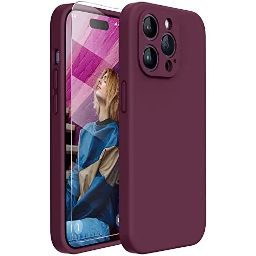 Miracase iPhone 14 Pro Max uchun telefon g‘ilofi ekran himoyachisi bilan, [Takomillashtirilgan kamera himoyasi], zarbga chidamli suyuq silikon g‘ilof mikrofiber astarli, 6,7 dyuym, to‘q qizil 