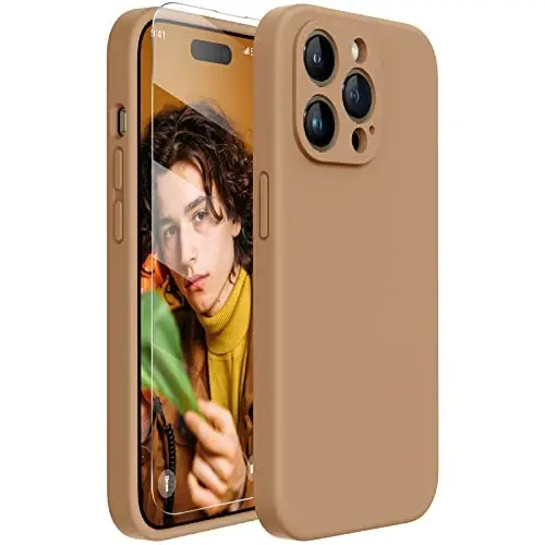 Miracase iPhone 14 Pro Max uchun telefon g'ilofi, ekran himoyachisi bilan,[Kengaytirilgan kamera himoyasi], zarbga chidamli suyuq silikon g'ilof mikrofiber astarli, 6,7 dyuym, shokolad 