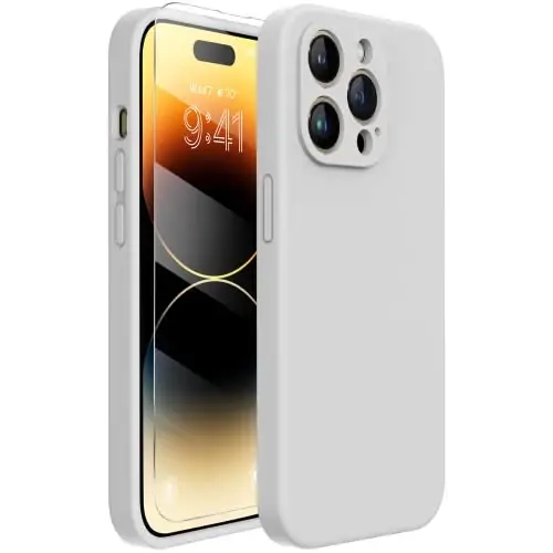 Miracase iPhone 14 Pro uchun ekran himoyachisi bilan mo'ljallangan g'ilof, [Kamera himoyasini yangilash], zarbaga chidamli suyuq silikon kauchuk telefon g'ilofi, 14 Pro 6,1 dyuym, Oydin oq 