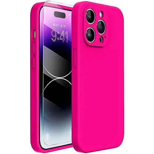 Miracase iPhone 14 Pro uchun ekran himoyachisi bilan mo'ljallangan g'ilof, [Kamerani himoya qilish takomillashtirilgan], zarbga chidamli suyuq silikon kauchuk telefon g'ilofi 14 Pro 6.1 dyuym, och pushti 