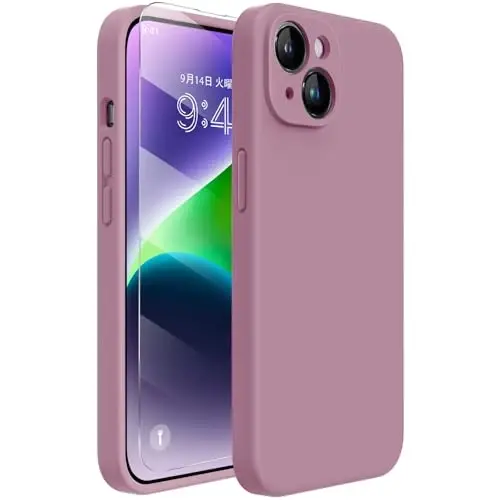 Miracase iPhone 14 uchun ekran himoyachisi bilan g‘ilof,[Takomillashtirilgan kamera himoyasi],zarbga chidamli suyuq silikon g‘ilof mikrofiber astarli, 6.1 dyuym,Qora smorodina 
