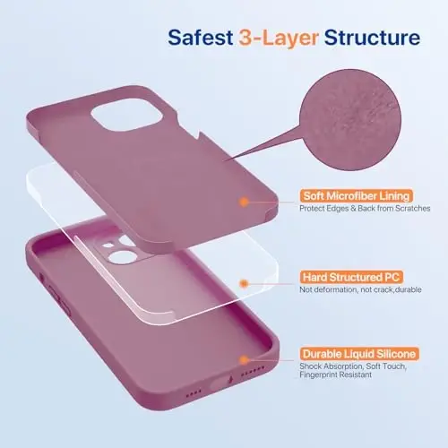 Miracase iPhone 14 uchun ekran himoyachisi bilan g‘ilof,[Takomillashtirilgan kamera himoyasi],zarbga chidamli suyuq silikon g‘ilof mikrofiber astarli, 6.1 dyuym,Qora smorodina - 3