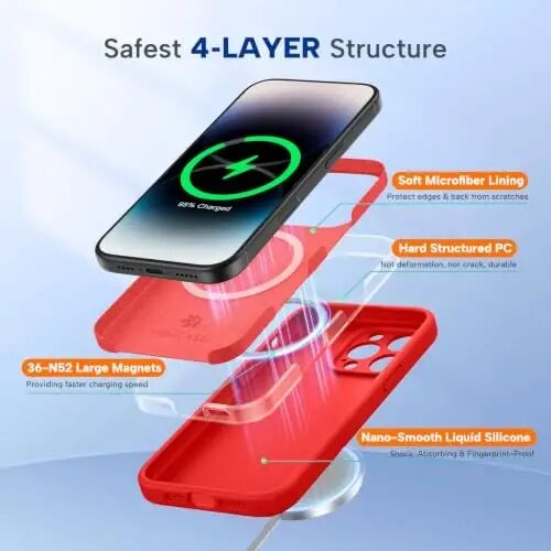 Miracase iPhone 14 uchun g'ilof, ekran himoyachisi bilan, [Kamera himoyasini yaxshilangan], zarbaga chidamli suyuq silikon g'ilof mikrofiber astarli, 6,1 dyuym, marjon qizil - 3