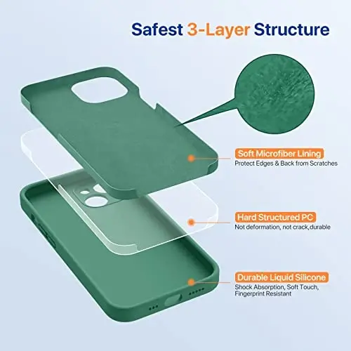Miracase iPhone 14 uchun g'ilof, ekran himoyachisi bilan, [Kengaytirilgan kamera himoyasi], zarbga chidamli suyuq silikon g'ilof mikrofiber astar bilan, 6,1 dyuym, Akatsiya yashili - 4