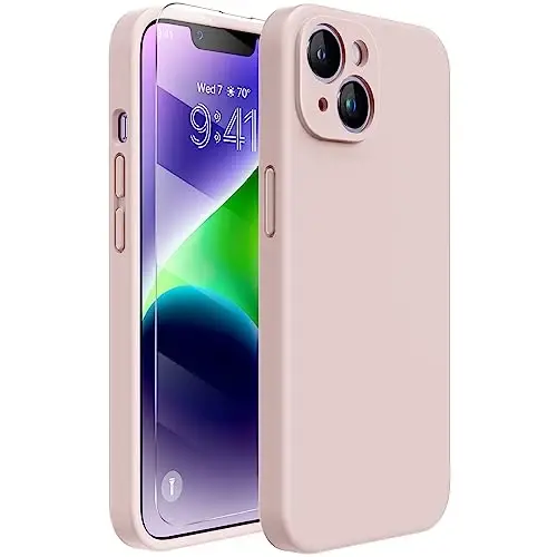 Miracase iPhone 14 uchun g'ilof, ekran himoyachisi bilan, [Yaxshilangan kamera himoyasi], zarbga chidamli suyuq silikon g'ilof mikrofiber astarli, 6,1 dyuym, qum pushti - MIRACASE