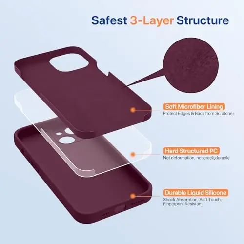Miracase iPhone 14 uchun mo'ljallangan g'ilof, ekran himoyachisi bilan,[Kamera himoyasini yaxshilash], Mikrofiber qoplamali zarbaga chidamli suyuq silikon g'ilof, 6.1 dyuym, to'q qizil vino - 3