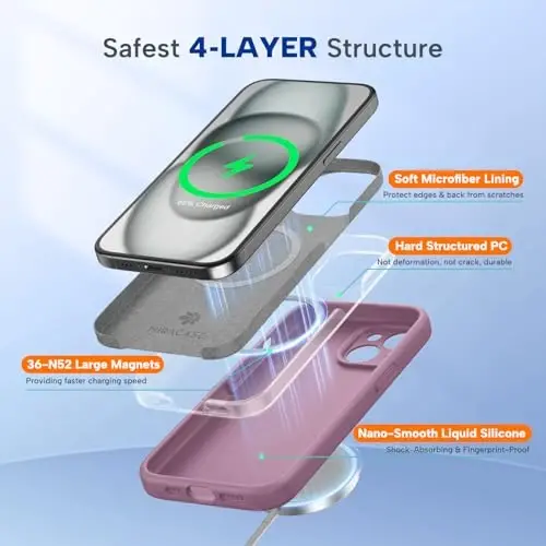 Miracase iPhone 15 gʻilofi bilan mos keladi, [Yumshoq tirnalishga qarshi mikrofiber astarli], Suyuq silikon gʻilofli gel rezina zarbga chidamli tushishdan himoya iPhone 15 uchun telefon gʻilofi, Qora smorodina - 2