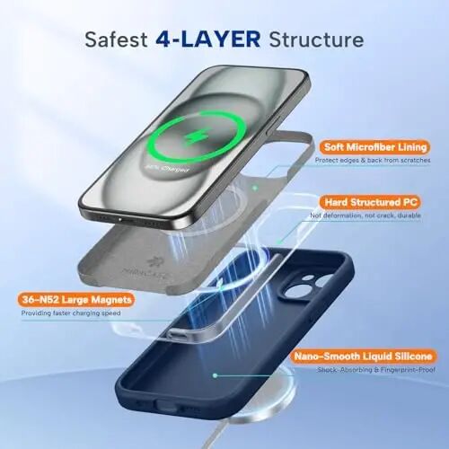 Miracase iPhone 15 g‘ilofi bilan mos, [Yumshoq chizishga qarshi mikrofiber astar], Suyuq silikonli g‘ilof Gel rezina zarbga chidamli tushishdan himoya qiluvchi telefon g‘ilofi iPhone 15 uchun, to‘q ko‘k - 2