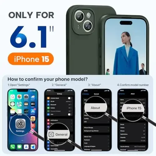 Miracase iPhone 15 g‘ilofi bilan mos, [Yumshoq tirnalishga qarshi mikrofiber astar], Suyuq silikonli g‘ilofli gel rezina zarbga chidamli tushishdan himoya qiluvchi telefon g‘ilofi iPhone 15 uchun, to‘q yashil - 6