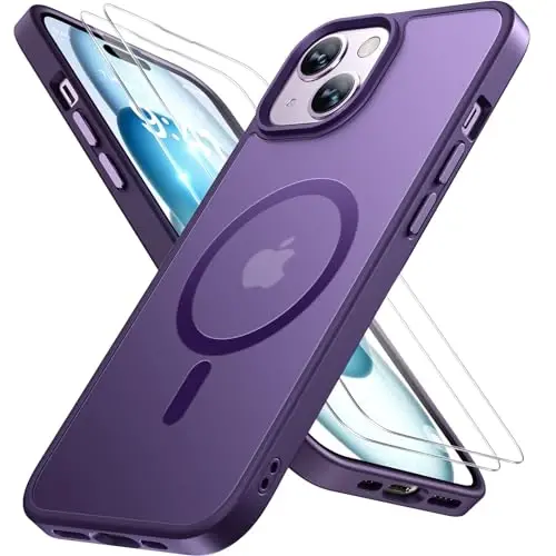 Miracase Magnetic for iPhone 15 Case (Compatible with MagSafe)（with 2X Screen Protectors） Military-Grade Protection, Anti-Fingerprint Translucent Matte Phone Cover for iPhone 15 6.1 inch, Dark Purple - 1