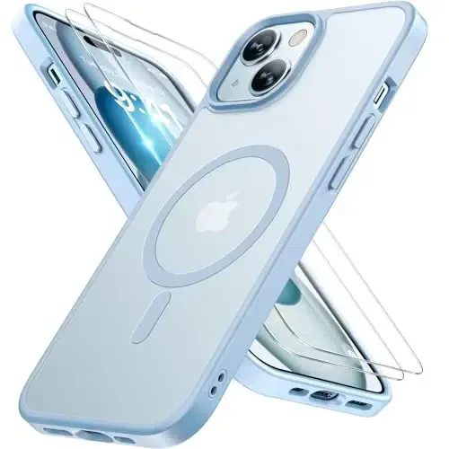 Miracase Magnetic for iPhone 15 Case (Compatible with MagSafe)（with 2X Screen Protectors） Military-Grade Protection, Anti-Fingerprint Translucent Matte Phone Cover for iPhone 15 6.1 inch, Light Blue - MIRACASE