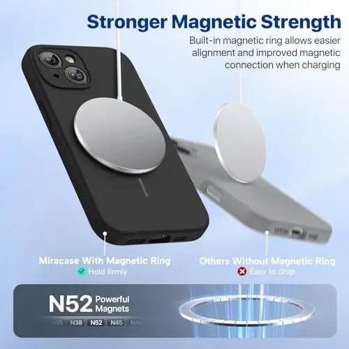 Miracase iPhone 15 Plus için Manyetik Kılıf, [Yumuşak Çizilmez Mikrofiber Astar], MagSafe için Manyetik, 15 Plus için Sıvı Silikon Darbeye Dayanıklı Düşme Korumalı Telefon Kılıfı, Siyah - 4