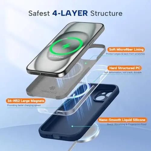 Miracase iPhone 15 Plus için Manyetik Kılıf, [Yumuşak Çizilmez Mikrofiber Astar], MagSafe ile Uyumlu, 15 Plus için Sıvı Silikon Darbeye Dayanıklı Düşme Korumalı Telefon Kılıfı, Koyu Mavi - 3