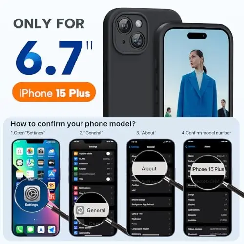 Miracase iPhone 15 Plus korpusi bilan mos keladi, [Yumshoq tirnalmaydigan mikro tolali astar], suyu oʻtkazmaydigan silikon korpus jeli, kauchuk zarbaga chidamli, tushishdan himoyadigan telefon korpusi iPhone 15 Plus uchun (Qora) - 1
