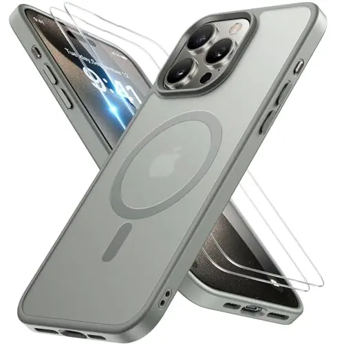 Miracase Magnetic for iPhone 15 Pro Case 6.1 inch (Compatible with MagSafe)（with 2X Screen Protectors）Military-Grade Protection, Anti-Fingerprint Translucent Matte Phone Cover, Gray - 1