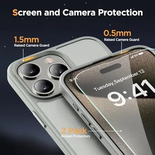 Miracase Magnetic for iPhone 15 Pro Case 6.1 inch (Compatible with MagSafe)（with 2X Screen Protectors）Military-Grade Protection, Anti-Fingerprint Translucent Matte Phone Cover, Gray - 6