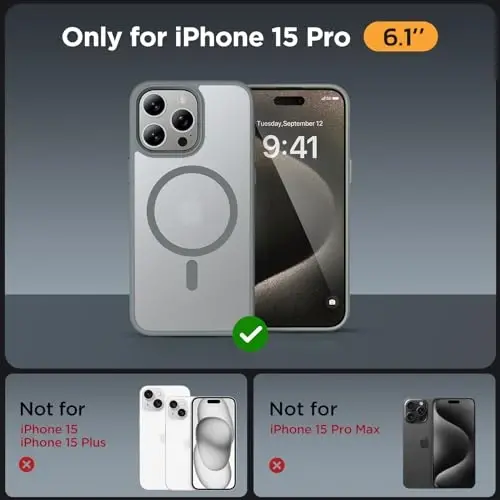 Miracase Magnetic for iPhone 15 Pro Case 6.1 inch (Compatible with MagSafe)（with 2X Screen Protectors）Military-Grade Protection, Anti-Fingerprint Translucent Matte Phone Cover, Gray - MIRACASE (1)