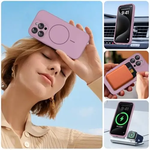 Miracase iPhone 15 Pro için Manyetik Kılıf, [Yumuşak Çizilmez Mikrofiber Astar], MagSafe için Manyetik, 15 Pro için Sıvı Silikon Darbeye Dayanıklı Düşmeye Karşı Koruma Telefon Kılıfı, Frenk Üzümü - 6