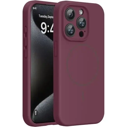 Miracase, iPhone 15 Pro Kılıf için Manyetik, [Yumuşak Çizilmez Mikrofiber Astar], MagSafe ile Uyumlu, Sıvı Silikon Darbeye Dayanıklı Düşmeye Karşı Koruma Telefon Kılıfı, 15 Pro için, Şarap Kırmızısı 