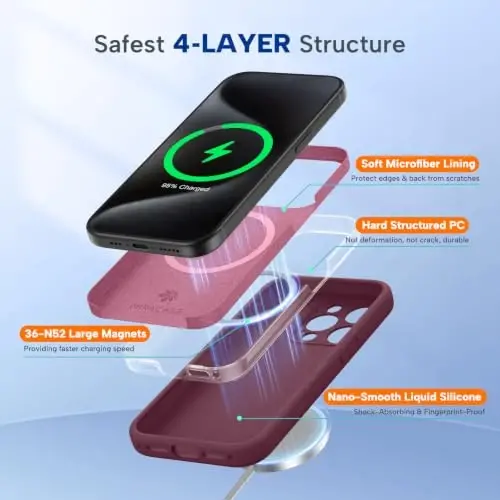 Miracase, iPhone 15 Pro Kılıf için Manyetik, [Yumuşak Çizilmez Mikrofiber Astar], MagSafe ile Uyumlu, Sıvı Silikon Darbeye Dayanıklı Düşmeye Karşı Koruma Telefon Kılıfı, 15 Pro için, Şarap Kırmızısı 