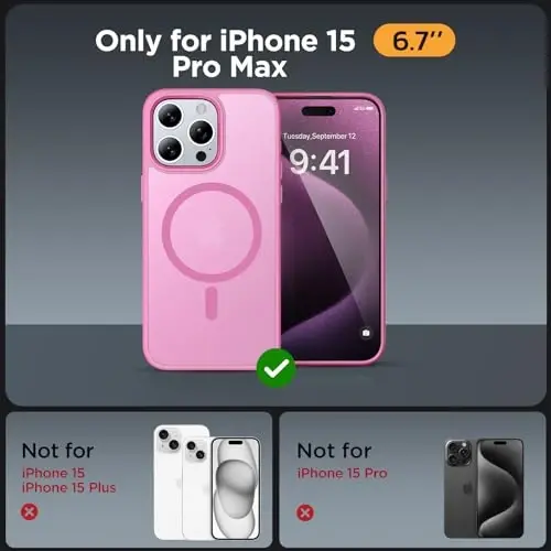 Miracase Magnetic for iPhone 15 Pro Max Case 6.7 inch (Compatible with MagSafe)（with 2X Screen Protectors） Military-Grade Protection, Anti-Fingerprint Translucent Matte Phone Cover, Mes Pink - MIRACASE (1)