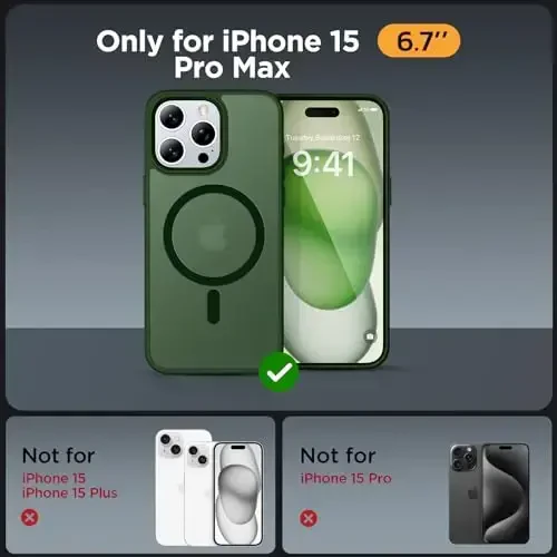 Miracase Magnetic for iPhone 15 Pro Max Case 6.7 inch (Compatible with MagSafe)(with 2X Screen Protectors)Military-Grade Protection, Anti-Fingerprint Translucent Matte Phone Cover, Dark Green - 2