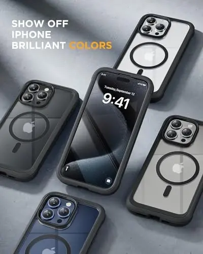 Miracase iPhone 15 Pro uchun magnit qopqoq [MagSafe bilan mos] Korpusni toʻliq qoplaydigan bumper qopqoq Ichki oyna va kamera himoyachisi bilan, Harbiy darbalarga chidamli 15 Pro uchun qopqoq 6,1 dyuymli, Qora - 6
