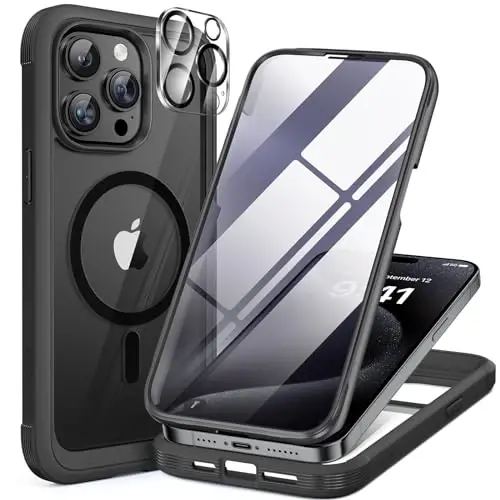 Miracase iPhone 15 Pro uchun magnit qopqoq [MagSafe bilan mos] Korpusni toʻliq qoplaydigan bumper qopqoq Ichki oyna va kamera himoyachisi bilan, Harbiy darbalarga chidamli 15 Pro uchun qopqoq 6,1 dyuymli, Qora - 1