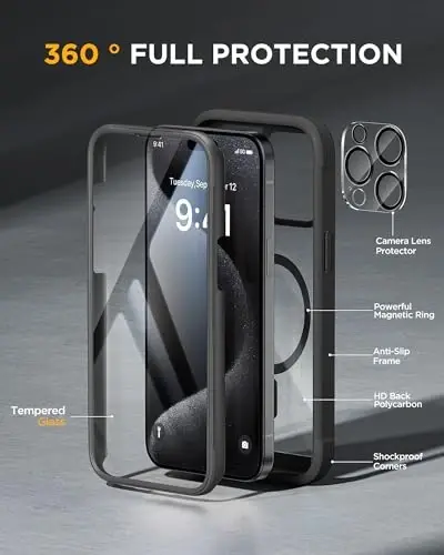 Miracase iPhone 15 Pro uchun magnit qopqoq [MagSafe bilan mos] Korpusni toʻliq qoplaydigan bumper qopqoq Ichki oyna va kamera himoyachisi bilan, Harbiy darbalarga chidamli 15 Pro uchun qopqoq 6,1 dyuymli, Qora - 2