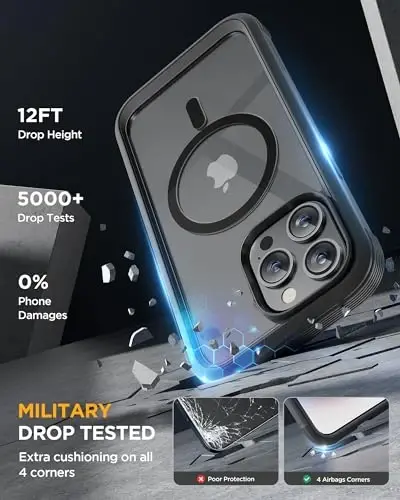 Miracase iPhone 15 Pro uchun magnit qopqoq [MagSafe bilan mos] Korpusni toʻliq qoplaydigan bumper qopqoq Ichki oyna va kamera himoyachisi bilan, Harbiy darbalarga chidamli 15 Pro uchun qopqoq 6,1 dyuymli, Qora - 4