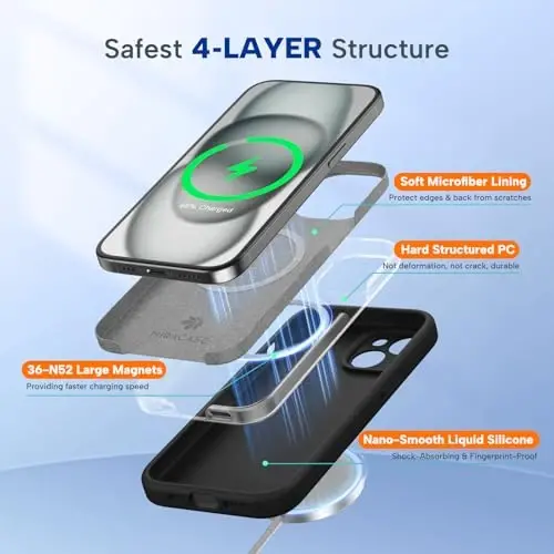 Miracase iPhone 15 uchun g'ilof bilan mos keladi, [Yumshoq chizishga qarshi mikrofiber astar], MagSafe bilan mos keladi, suyuq silikon g'ilof zarbga chidamli tomchidan himoya telefon g'ilofi 15 uchun, qora magnit - 4