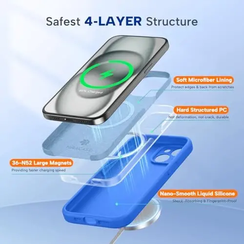 Miracase iPhone 15 uchun g'ilof bilan mos keladi, [Yumshoq tirnalishga qarshi mikrofiber astar], Suyuq silikon g'ilof Gel rezina zarbga chidamli tushishdan himoya iPhone 15 uchun telefon g'ilofi, O'rta er dengizi ko'k - MIRACASE (1)