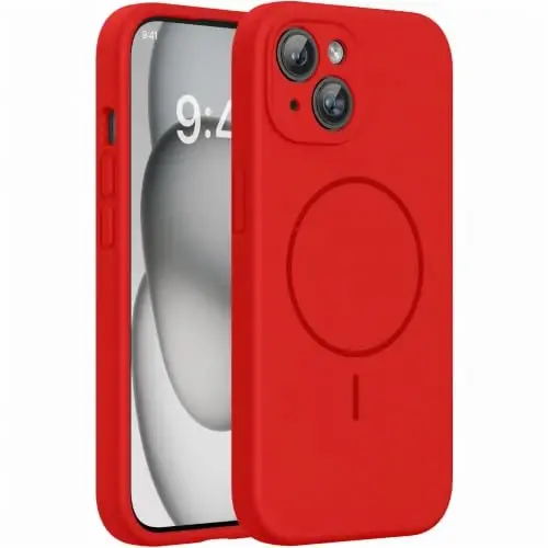 Miracase iPhone 15 uchun g‘ilof bilan mos keladi, [Yumshoq tirnalishga qarshi mikrofiber astar], Suyuq silikonli g‘ilof Gel rezina zarbga chidamli tushishdan himoya iPhone 15 uchun telefon g‘ilofi, Qizil 