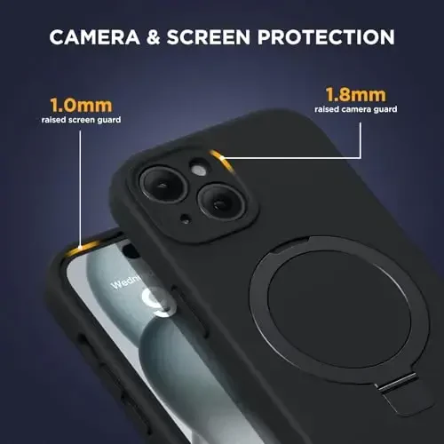 Miracase iPhone 15 uchun g'ilof, stendli, barcha MagSafe aksessuarlari bilan mos, suyuq silikonli g'ilof, gel kauchuk zarbga chidamli tushishdan himoya iPhone 15 uchun telefon g'ilofi, qora Mag-Stend - 4
