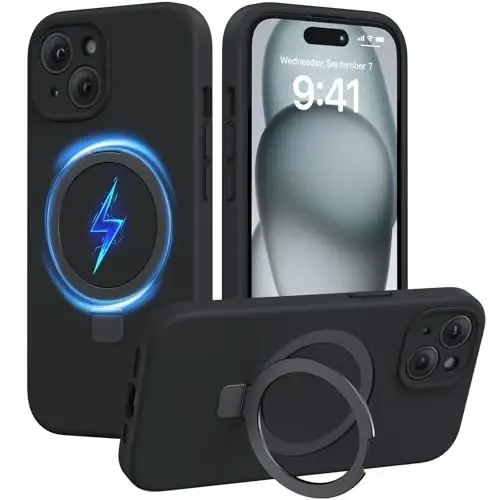 Miracase iPhone 15 uchun g'ilof, stendli, barcha MagSafe aksessuarlari bilan mos, suyuq silikonli g'ilof, gel kauchuk zarbga chidamli tushishdan himoya iPhone 15 uchun telefon g'ilofi, qora Mag-Stend - 1