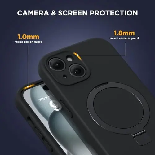 Miracase iPhone 15 uchun g'ilof, stendli, barcha MagSafe aksessuarlari bilan mos, suyuq silikonli g'ilof, gel kauchuk zarbga chidamli tushishdan himoya iPhone 15 uchun telefon g'ilofi, qora Mag-Stend - 4
