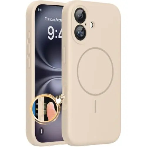 Miracase iPhone 16 G‘ilofiga mos, [Yumshoq tirnalishga qarshi mikrofiber qoplama], MagSafe bilan mos, Suyuq silikon g‘ilof, zarbga chidamli, tushishdan himoya qiluvchi telefon g‘ilofi 16, qumtosh 
