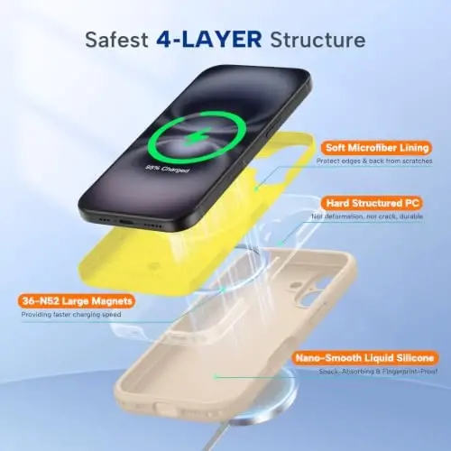 Miracase iPhone 16 G‘ilofiga mos, [Yumshoq tirnalishga qarshi mikrofiber qoplama], MagSafe bilan mos, Suyuq silikon g‘ilof, zarbga chidamli, tushishdan himoya qiluvchi telefon g‘ilofi 16, qumtosh - 4