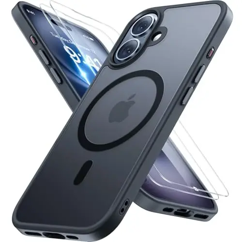 Miracase Magnetic for iPhone 16 Case [with 2X Screen Protectors] [Compatible with MagSafe] Slim Thin Phone Case Military-Grade Protected for iPhone 16 Cover Bumper, Black 