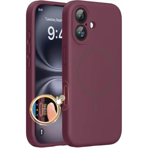 Miracase, iPhone 16 Kılıf ile uyumlu, [Yumuşak Çizilmez Mikrofiber Astar], MagSafe ile Uyumlu, Sıvı Silikon Kılıf Darbeye Dayanıklı Düşme Korumalı Telefon Kılıfı 16 için, Şarap Kırmızısı 