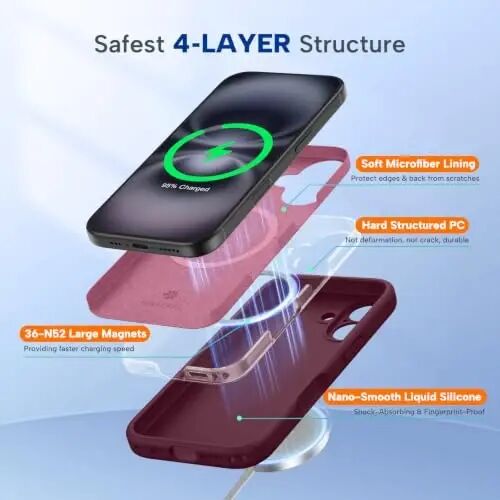 Miracase, iPhone 16 Kılıf ile uyumlu, [Yumuşak Çizilmez Mikrofiber Astar], MagSafe ile Uyumlu, Sıvı Silikon Kılıf Darbeye Dayanıklı Düşme Korumalı Telefon Kılıfı 16 için, Şarap Kırmızısı - 2