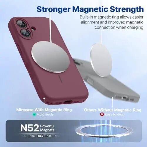 Miracase, iPhone 16 Kılıf ile uyumlu, [Yumuşak Çizilmez Mikrofiber Astar], MagSafe ile Uyumlu, Sıvı Silikon Kılıf Darbeye Dayanıklı Düşme Korumalı Telefon Kılıfı 16 için, Şarap Kırmızısı - 3