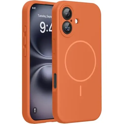 miracase Compatible with iPhone 16 Case, [Soft Anti-Scratch Microfiber Lining], Compatible with MagSafe, Liquid Silicone Case Shockproof Drop Protection Phone Case for 16,Orange 