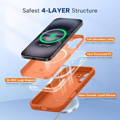 miracase Compatible with iPhone 16 Case, [Soft Anti-Scratch Microfiber Lining], Compatible with MagSafe, Liquid Silicone Case Shockproof Drop Protection Phone Case for 16,Orange - 3